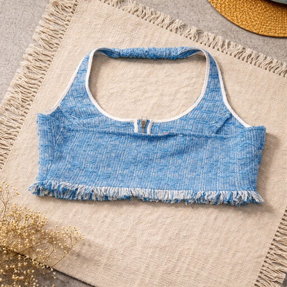 0110 NWT STAUD Bright Blue Halter Top with Fringe Size 10 - Picture 2 of 9